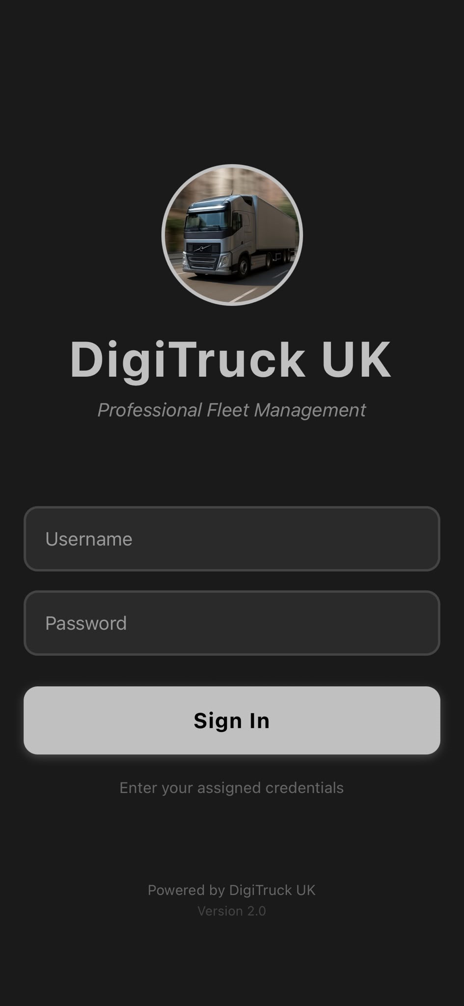 DigiTruck UK app sign-in